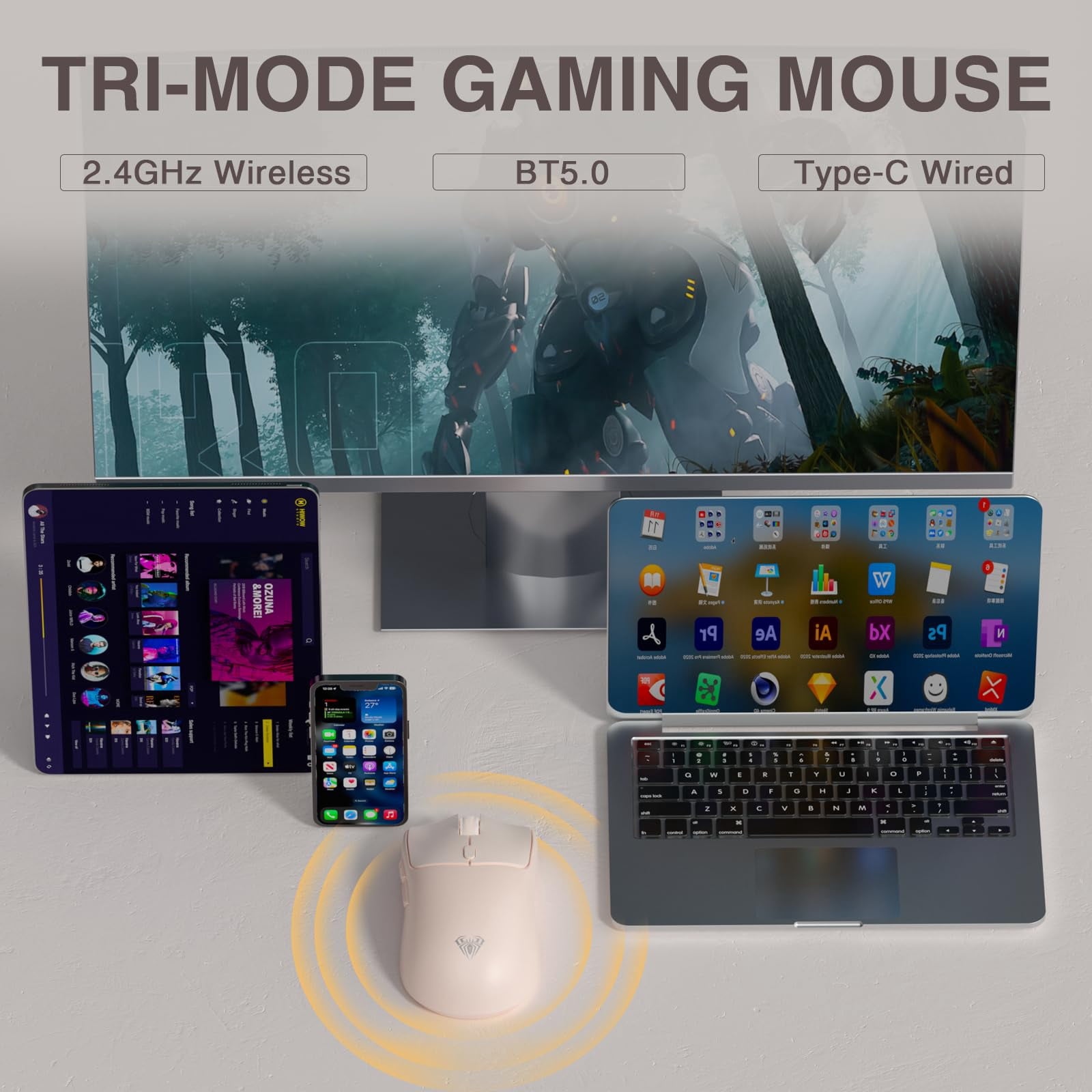 Sc580x Wireless Gaming Mouse  Tri-mode 2.4g/bt5.0/usb-c Mice With 12000 Dpi 6 Buttons Rechargeable Computer For Laptop/pc/mac/tablet