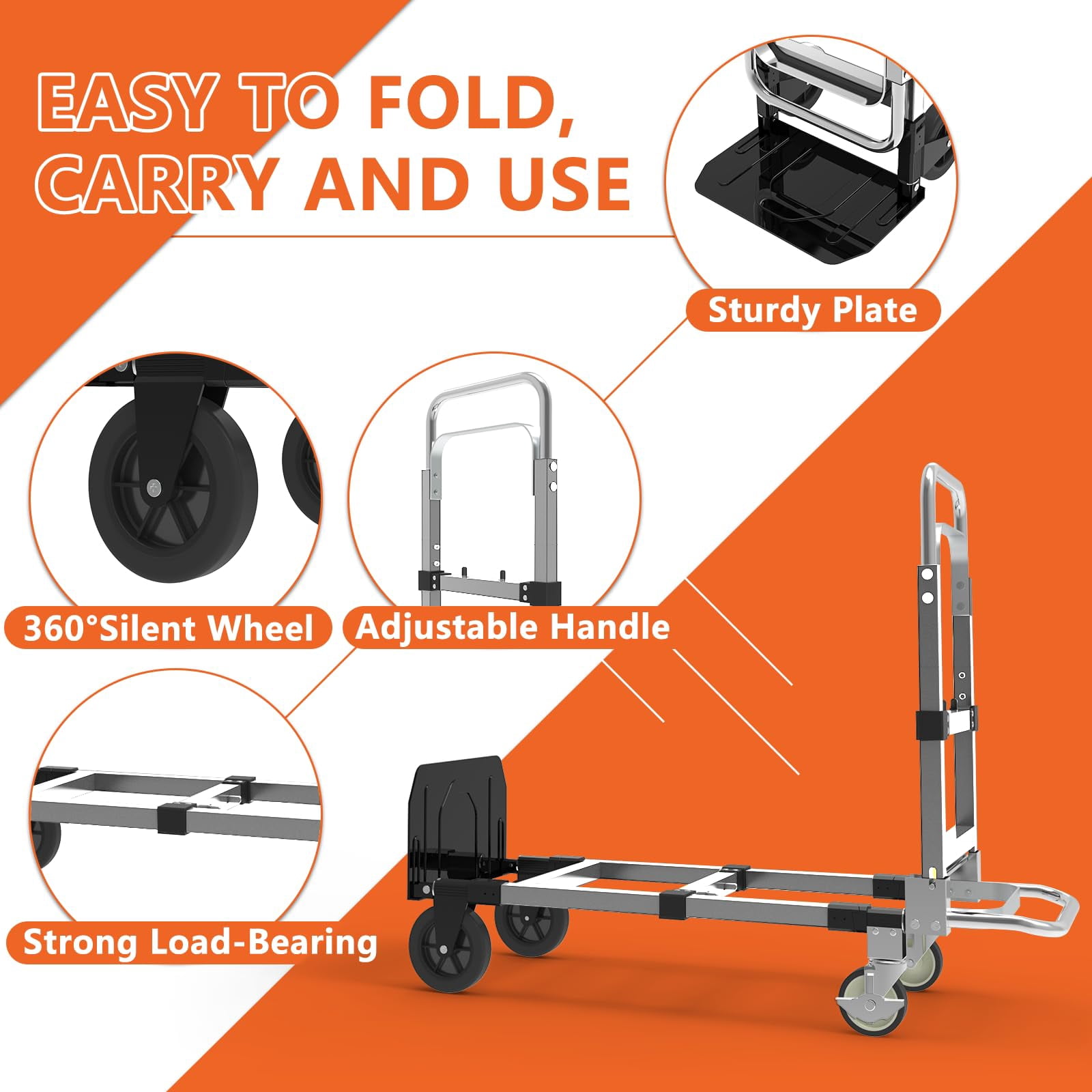 3-in-1 Heavy Duty Folding Dolly, Convertible Hand Truck Portable Steel with Telescopic Handle & Dolly Cart with Rubber Wheels, 580LB Capacity,Silver