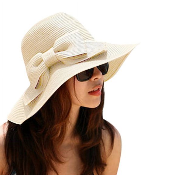FRCOLOR Fashion Foldable Women's Girls Sweet Bowknot Wide Brim Floppy Summer Straw Sun Hat Beach (Beige)