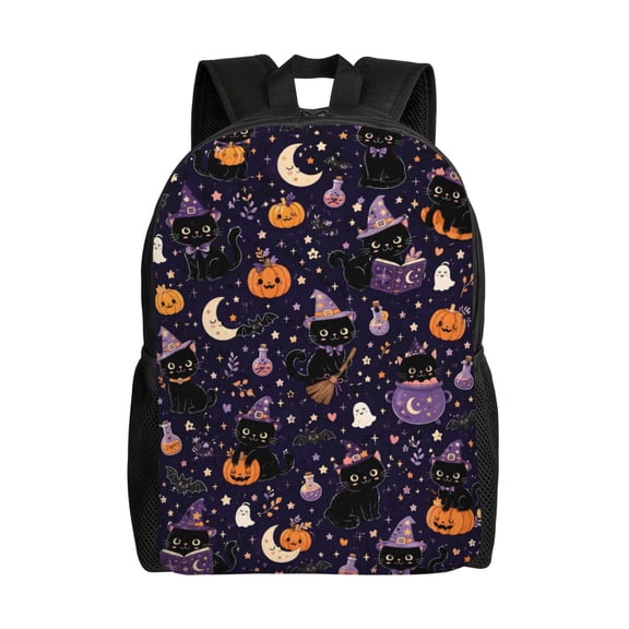 Cute Witch Pumpkin Halloween Cat Backpack Full Front Print Travel Laptop Bag for Men and Women
