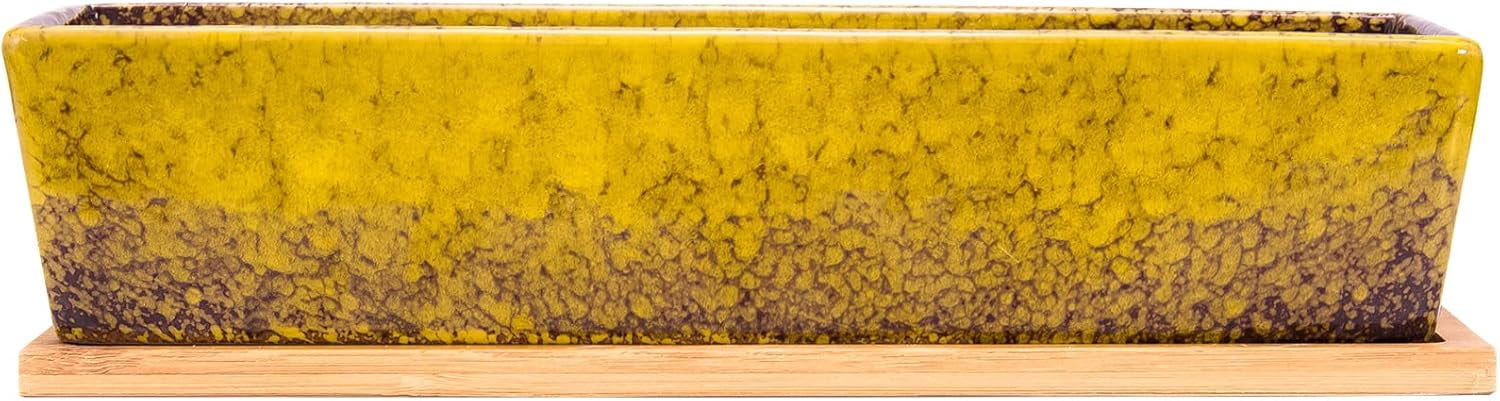 Succulent Pots - Large Succulent Planter Pots with Drainage, 12 Inch Long Rectangle Bonsai Pot with Bamboo Tray Shallow Ceramic Cactus Flower Planter Window Box for Home Garden Decor (Yellow)
