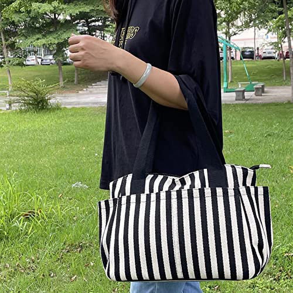 Zhuge Medium Tote Handbag Black & White Striped Daily Satchel Shoulder Purses with Multi-Pockets Canvas Vaction Work Tote with Zipper Spring Summer Beach Bag Gifts for Womens (M Black+White)