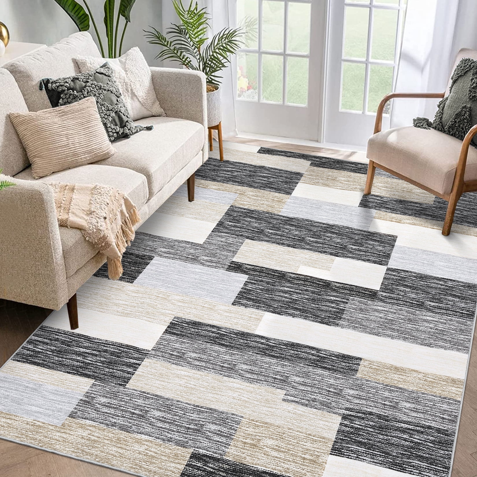 Hasoo 4' x 6' Area Rug for Living Room Modern Geometric Washable Rug Patchwork Indoor Low Pile Throw Carpet for Dorm, Camel/Gray