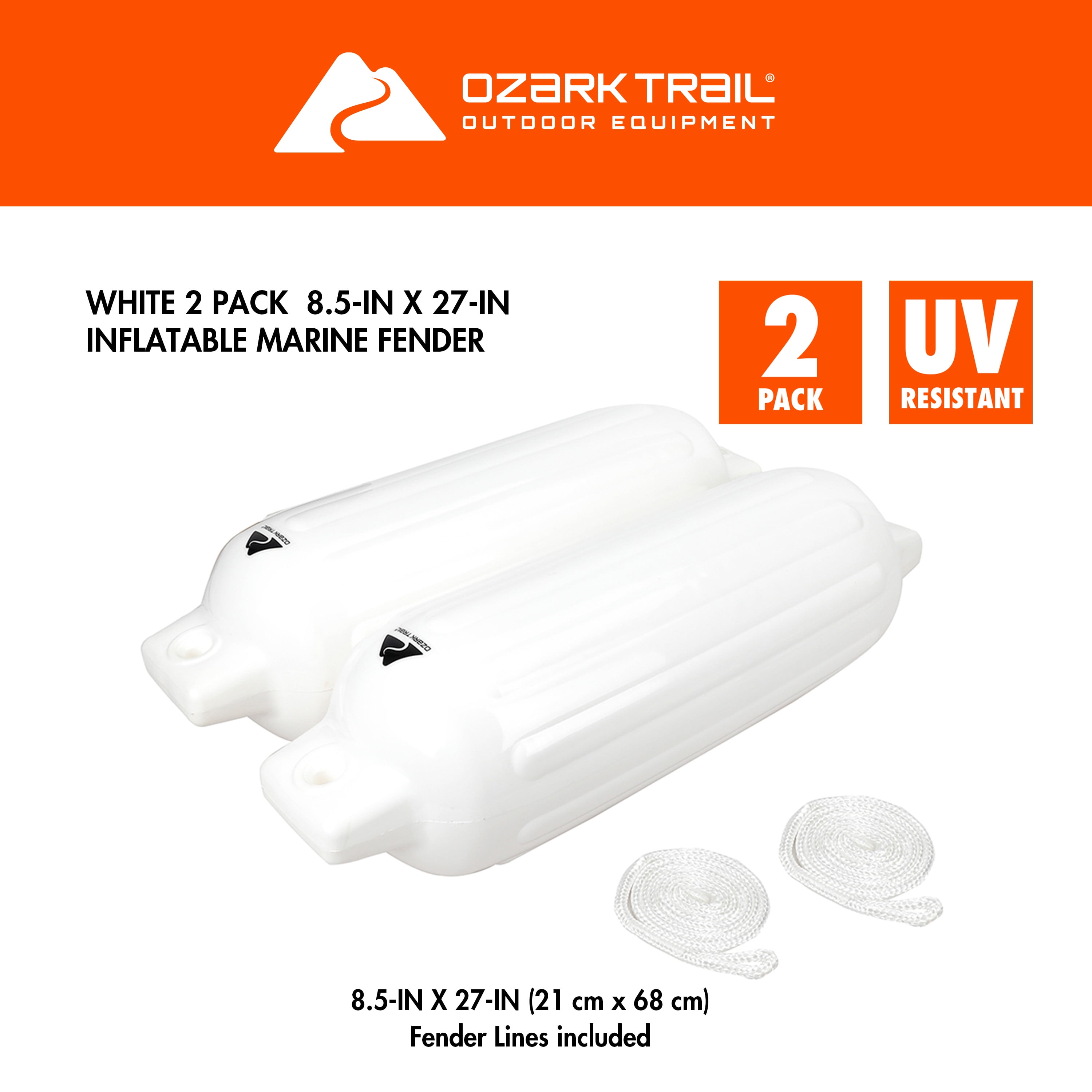 Ozark Trail Inflatable Boat Fenders with Fender Lines, White, 8.5 in x 27 in, 2-Pack
