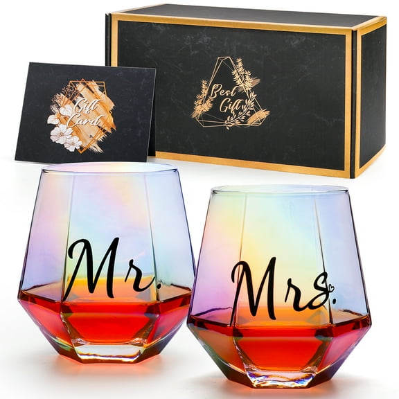 Quyimy Mr and Mrs Wine Glasses Set of 2 Wedding Gifts, Engagement Gift, Iridescent Diamond Shaped Wine Glasses for Couples Gifts, Unique Colorful Stemless Wine Glasses for His and Hers