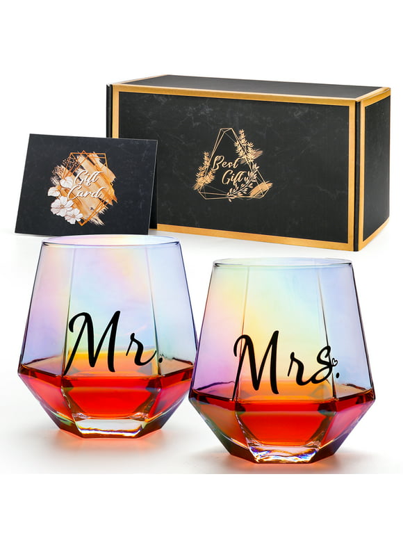 Quyimy Mr and Mrs Wine Glasses Set of 2 Wedding Gifts, Engagement Gift, Iridescent Diamond Shaped Wine Glasses for Couples Gifts, Unique Colorful Stemless Wine Glasses for His and Hers
