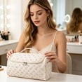 thumbnail image 5 of Large Makeup Organizer Hanging Toiletry Organizer for Bathroom Travel Bag Organizer 13X6X6 in Quilted Fabric Cosmetic Storage Bag, 5 of 6