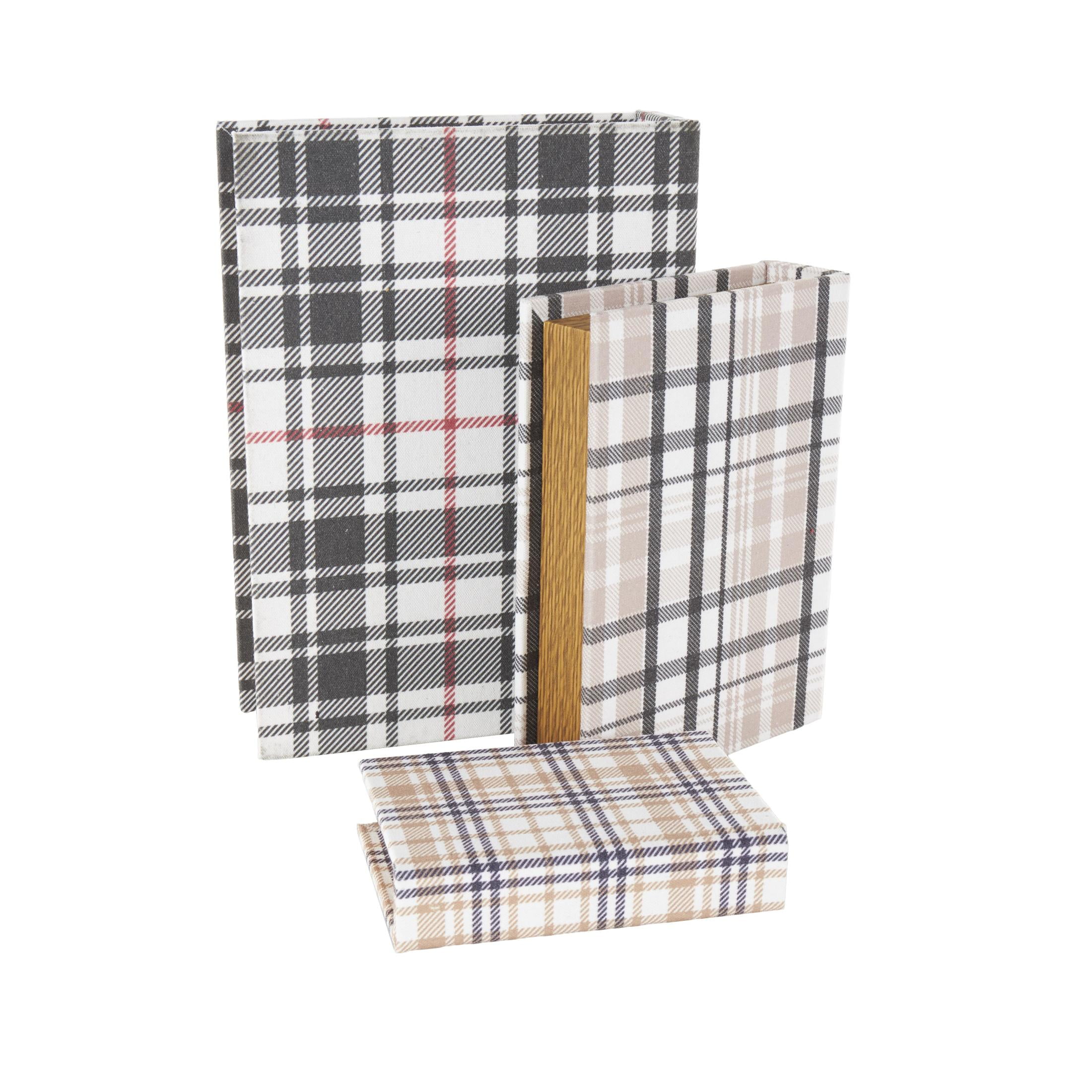 DecMode Geometric Plaid Faux Book Storage Multi Colored Canvas Decorative Box with Red and Purple Accents, 3 Count
