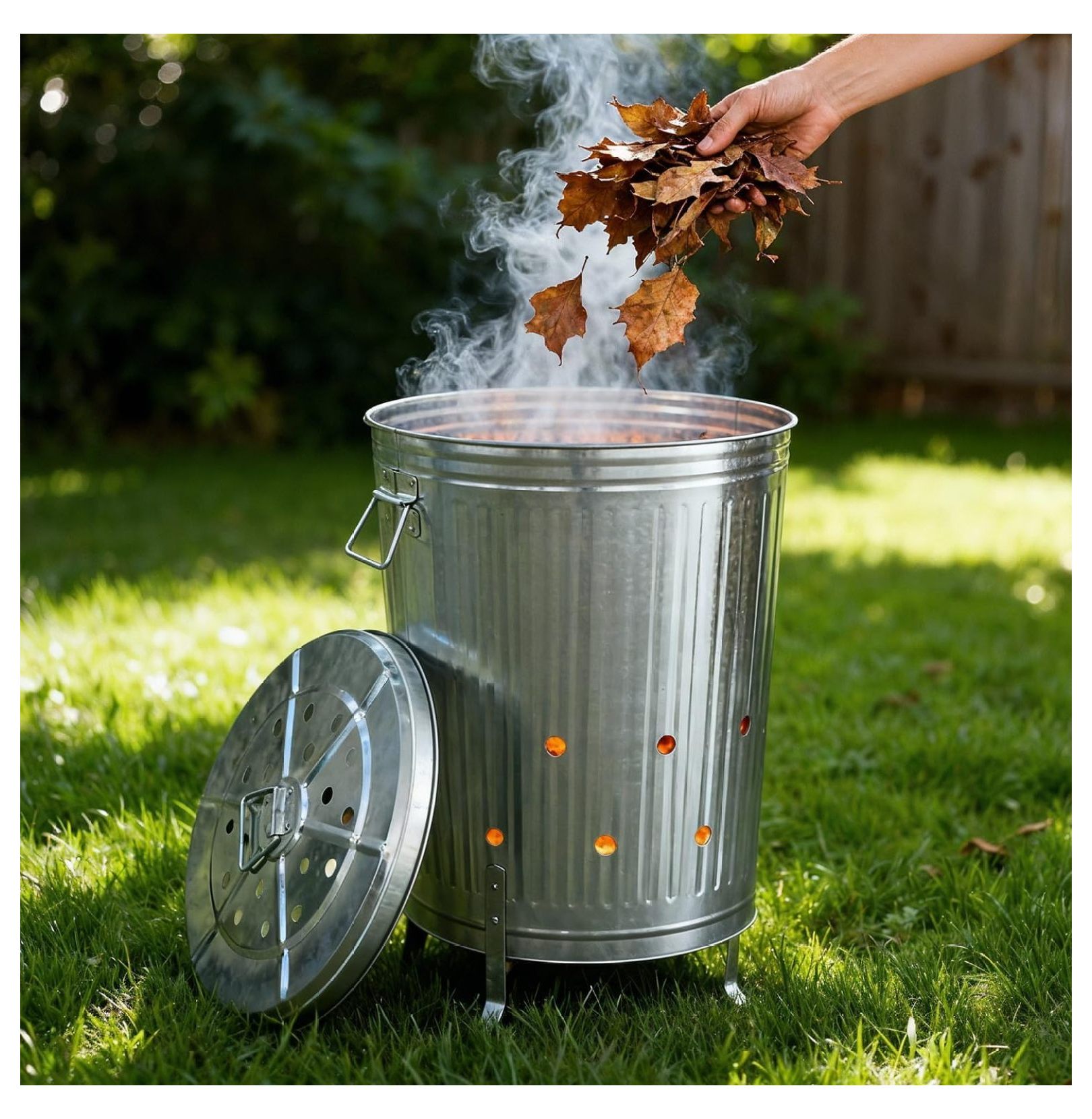 Incinerator Burn for Outside for Burning Trash Leaf - Metal Burn Can Cage Bin Container - Fire Can Paper Burner Outdoor, Lid and Ventilation Holes, Galvanized Steel, 20 Gallon