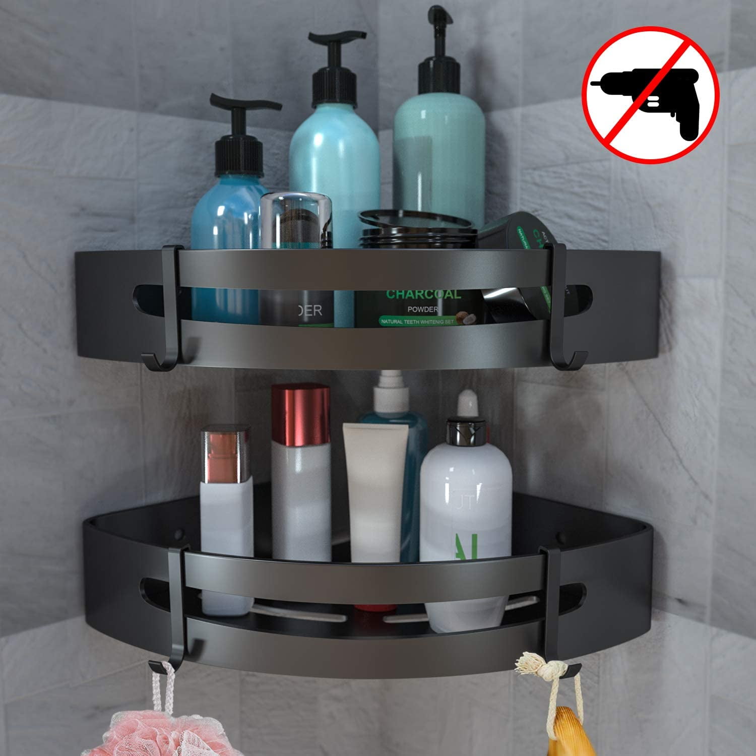 Etagere Murale Sans Percage Lot De 2 étagères De Douche Autocollantes Withosent - Aluminium Noir Sans Perçage - 31,5 Cm Avec 4 Crochets étagère De Douche Noire