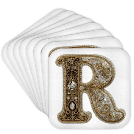 3drose, Glam Image of Gold Image of Diamond Monogram R, Set of 8 Coasters - Cork