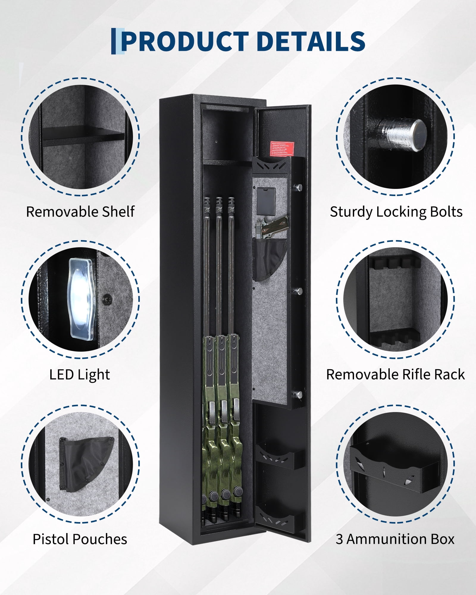 Heavy Duty Tool Storage Cabinet - 8-Rifle Capacity with Adjustable Shelves and Locking Drawer - Digital Safe for Rifles & Pistols - Secure Large Firearm Organizer for Home - Color: Black