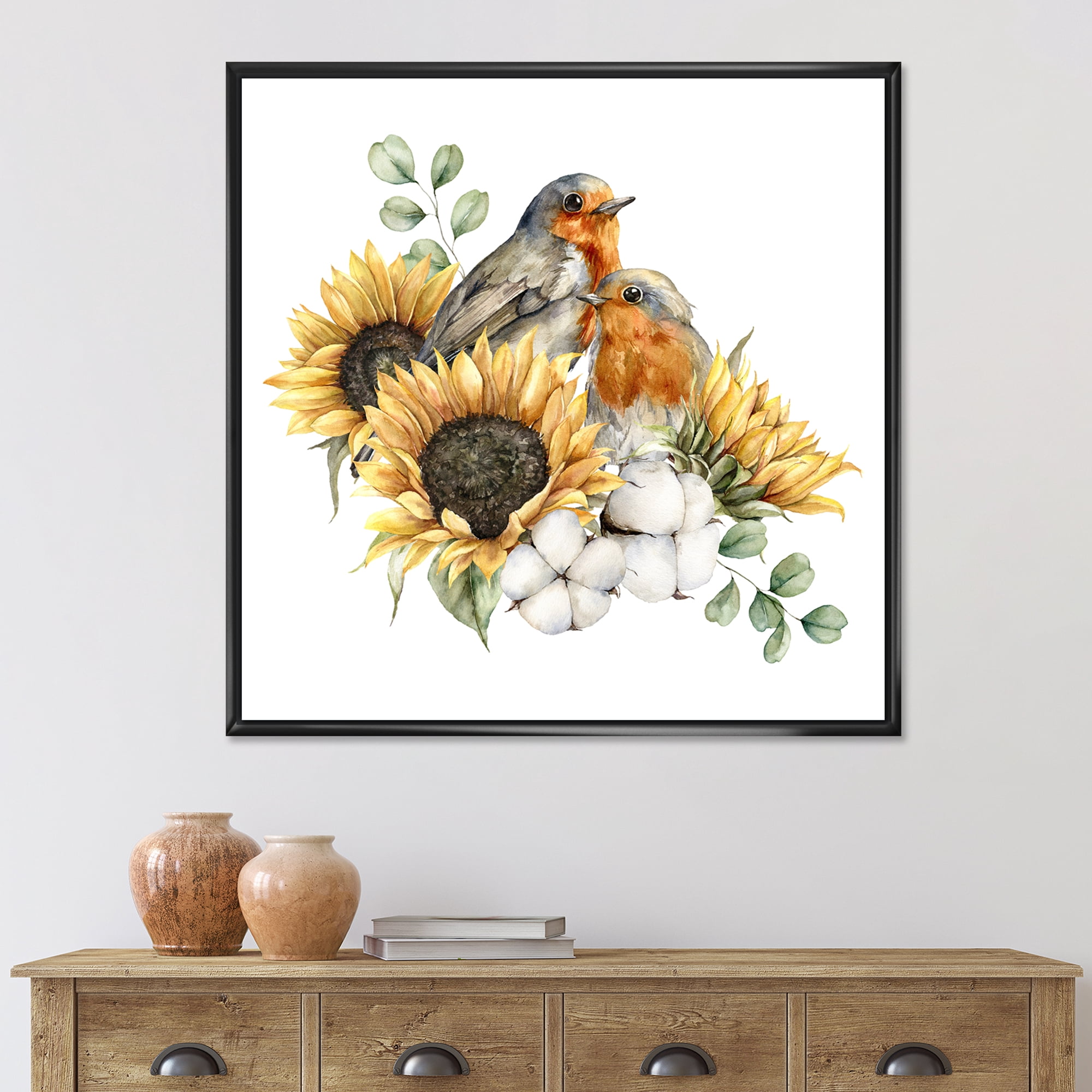 Designart 'Autumn Bouquet With Robin Redbreasts Sunflowers Cotton' Traditional Framed Canvas Wall Art Print