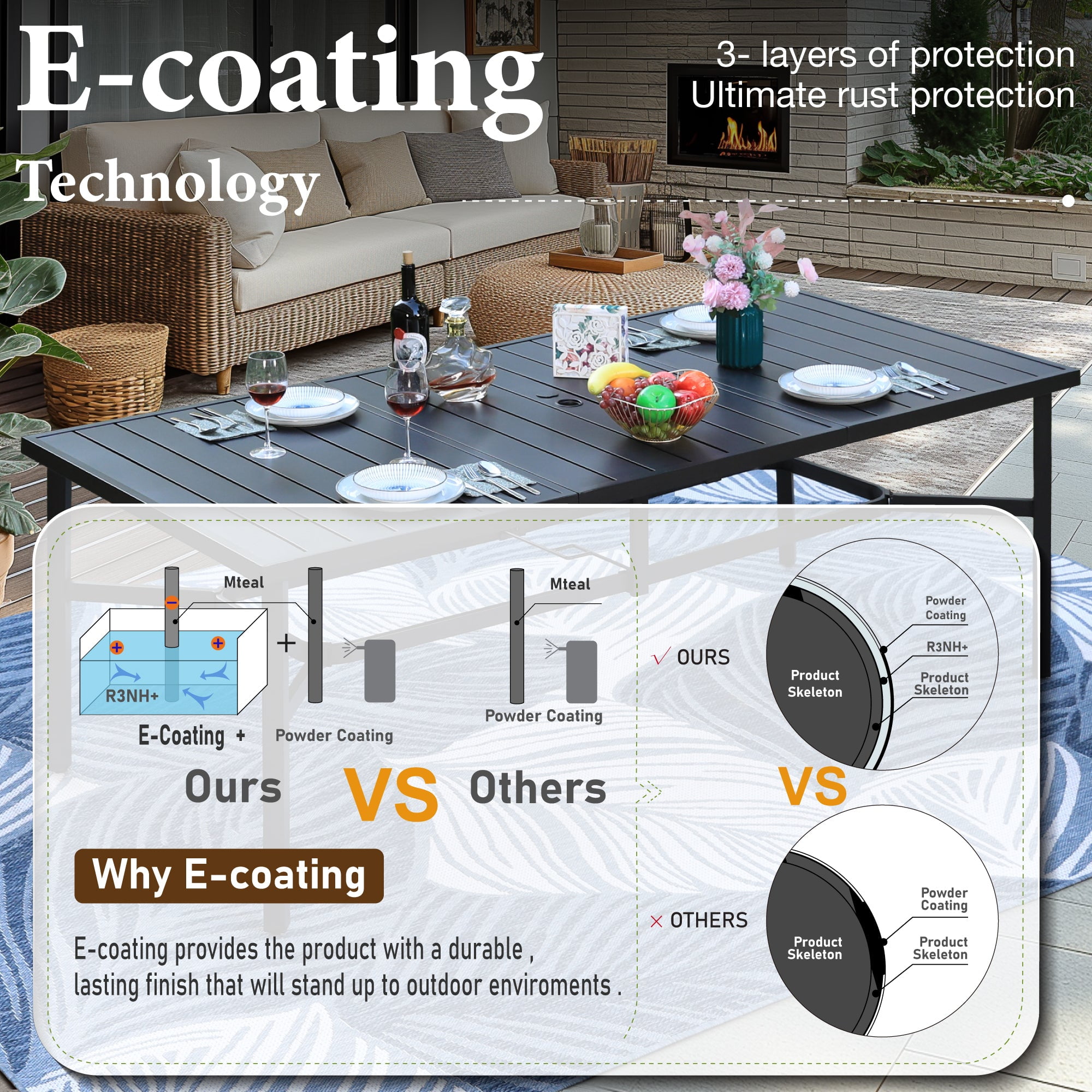 9-Piece Outdoor Patio Dining Set with Metal Steel Rectangular Table with Umbrella Hole & Textilene Chairs for 8-Person, Black & Gray-brown