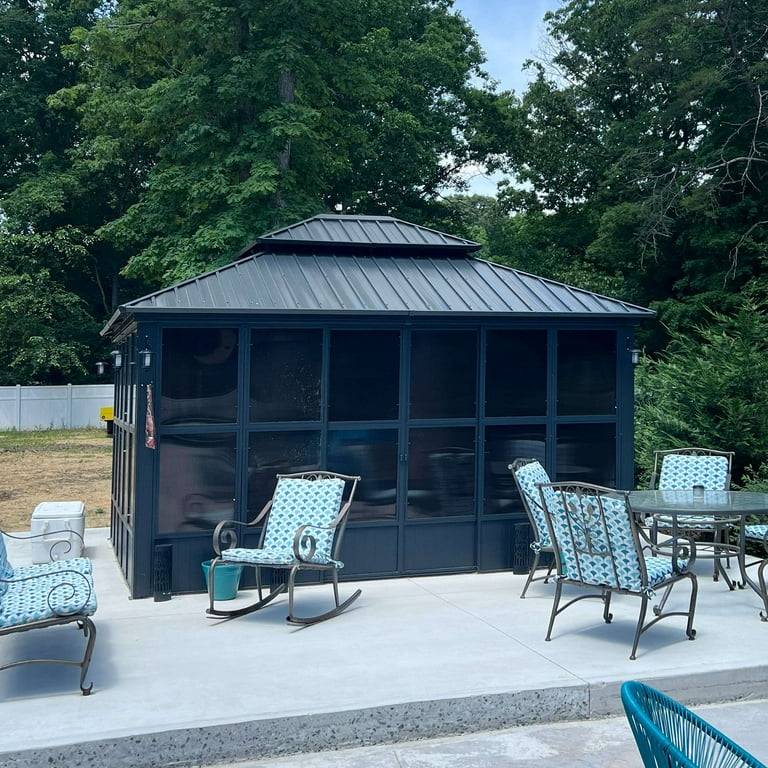 PURPLE LEAF 12 x 14 Sunroom Hardtop Gazebo Solarium Aluminum Frame Gazebo with Galvanized Steel Double Roof Outdoor All Weather Screen House for