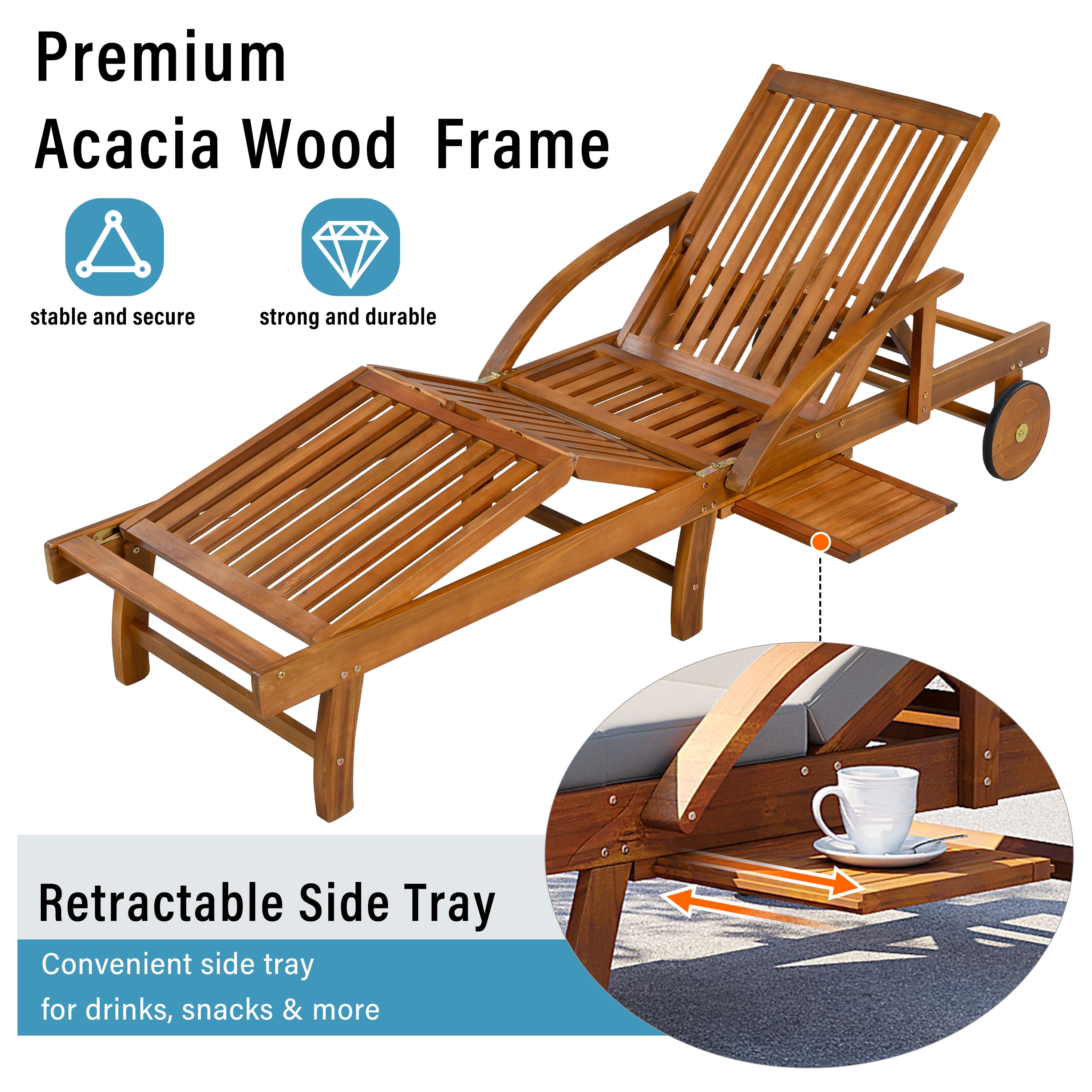 77.5" Acacia Wood Outdoor Patio Chaise Lounge Chairs with Adjustable Backrest and Side Tray