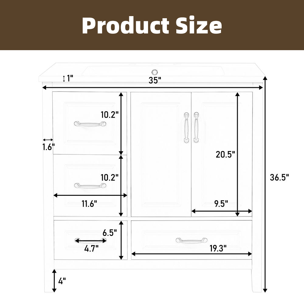 MIDOQIN 36" Bathroom Vanity with Sink, Free Standing Single Basin Vanity Set with Solid Frame & Four Drawer, Wooden Bathroom Cabinet with Ceramic Basin