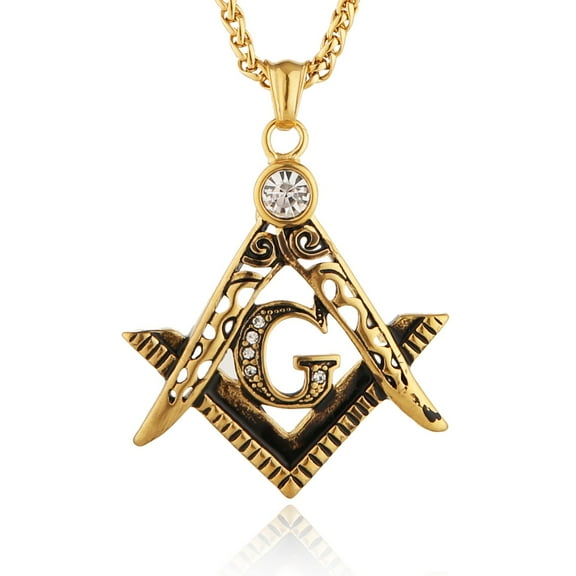 HZMAN Mens Cubic Zirconia Freemason Symbol Masonic Stainless Steel Pendant Necklace 22 2 inch Chain (Gold)