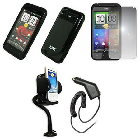 Empire Vents Mirror - EMPIRE Black Poly Skin Case Cover + 360 Degree Rotatable Car Windshield Mount with Air Vent Attachment + Mirror Screen Protector + Car Charger (CLA) for Verizon HTC Droid Incredible 2 6350