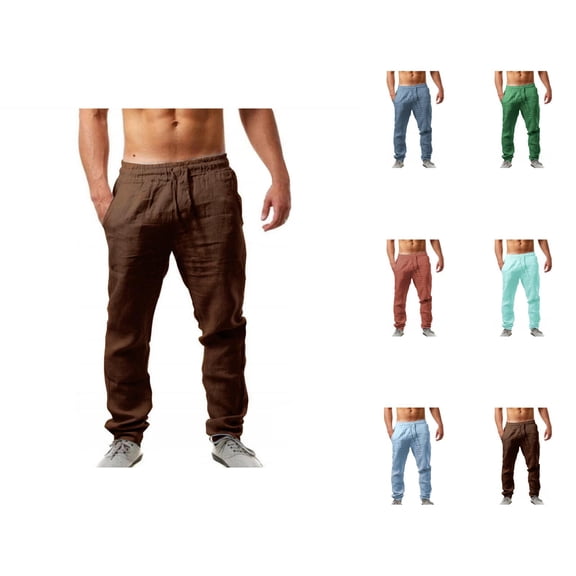 Cotton Linen Pants for Men Solid Color Elastic Waist Drawstring Breathable Loose Fit Casual Pants with Pockets