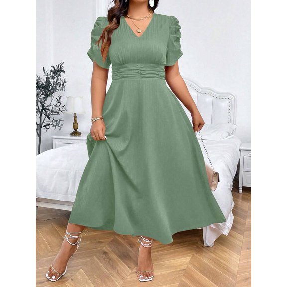 Green Plus Size Womens Summer Solid V-Neck Short Sleeve Bubble Sleeve A-Line Maxi Dress With Waist Pleats