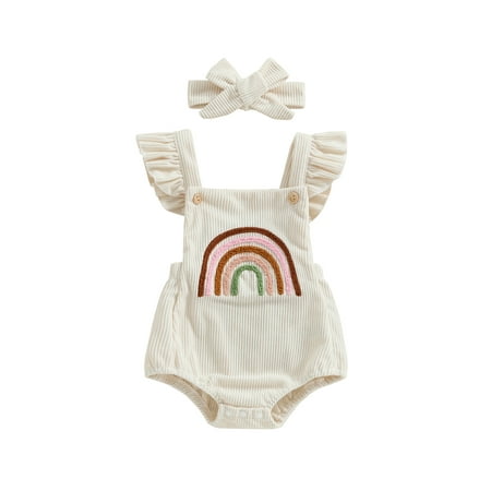 

ESASSALY Baby Girls Rompers Fuzzy Rainbow Embroidery Clothes with Headband