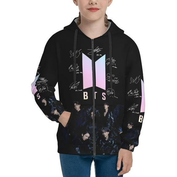 Bts Teens Boys Girls Zip Up Hoodies 3d Print Long Sleeve Hooded Sweatshirt Jacket With Pocket Small