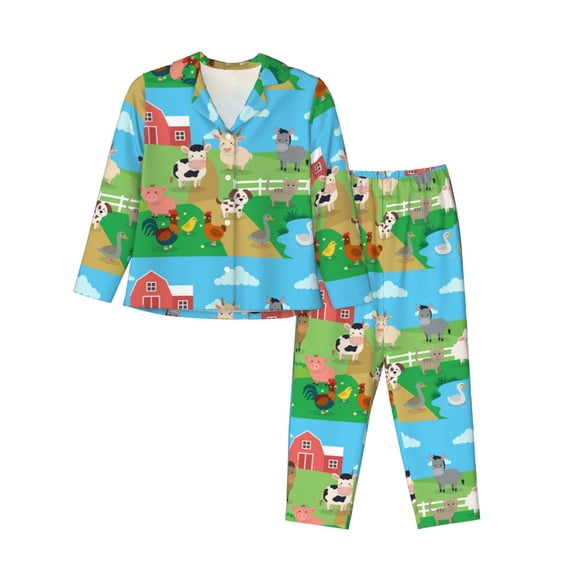 Saiise Farm Animals Print Women Soft Pajama Sets,Long Sleeve Sleepwear Button Up 2-Piece Pjs Lounge Sets-Small