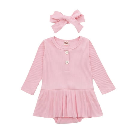 

Honeeladyy Winter Coats Infant Baby Girls Long Sleeve Solid Ribbed Clothes Romper Dress Hairband Outfits Pink Sales