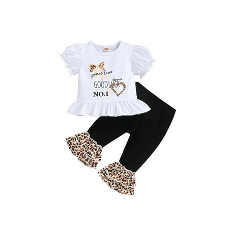 

JINSIJU Newborn Girl Long Pants Outfits Short Puff Sleeve Letter Printed Tops + Leopard Pattern Ruffles Decor Flare Pants Set