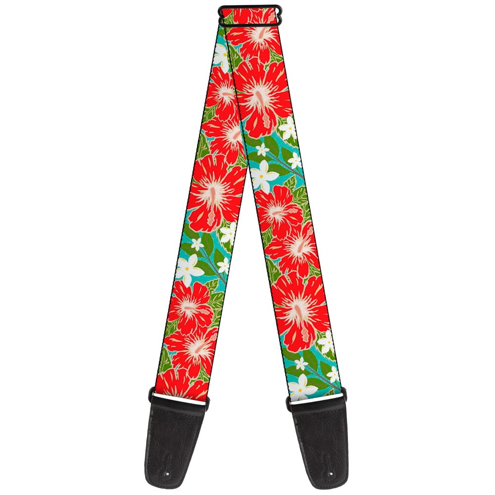 Buckle-Down Guitar Strap, Hibiscus Plumerias Turquoise Green Red White, 2 Inches Wide