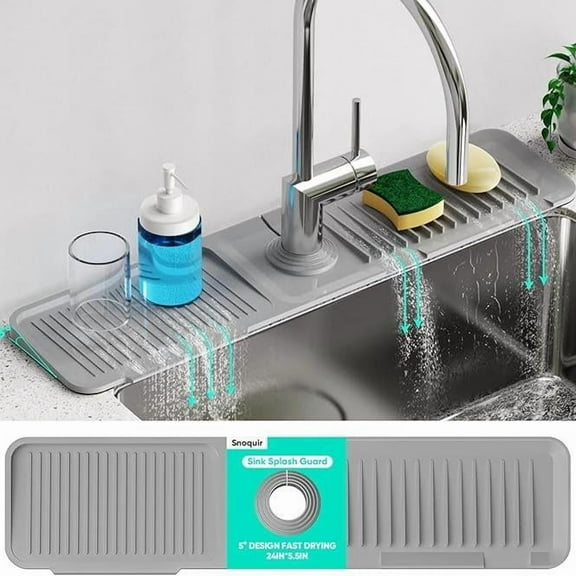 24 Inch Faucet Mat for Kitchen Sink Splash Guard Behind Faucet, Sink Protectors for Kitchen Sink Faucet Mat Splash Guard for Kitchen Sink Area, Longer Silicone Faucet Guard & Draining Mat, Grey