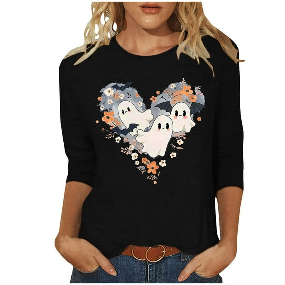 Mnyycxen Women Halloween Shirts Cute Heart Ghost Prints 3/4 Sleeves T-Shirt Round Neck Causel Loose Pullover Tees