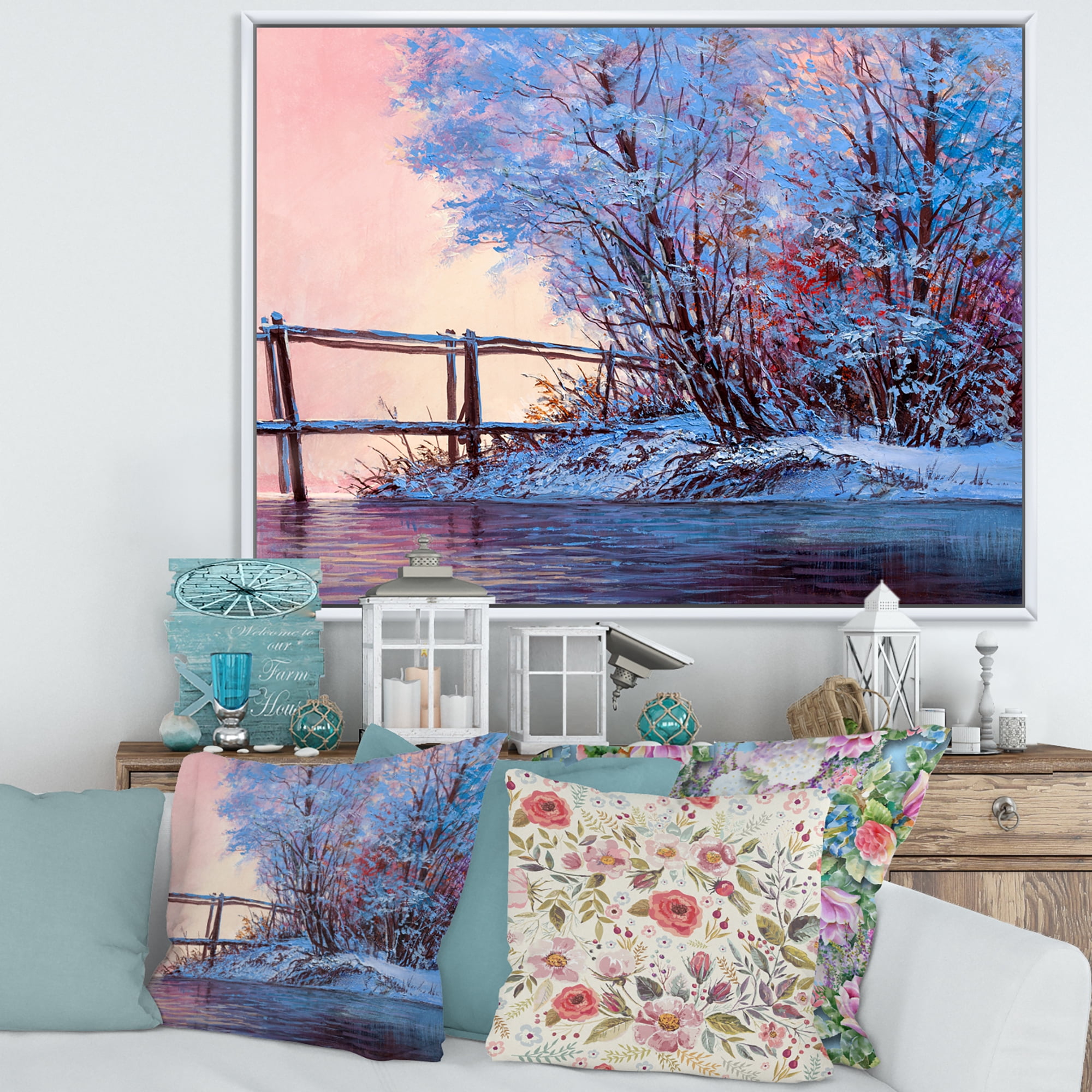 Bridge Of Meandering River With Winter Scenery I 20 in x 12 in Framed Photography Canvas Art Print, by Designart