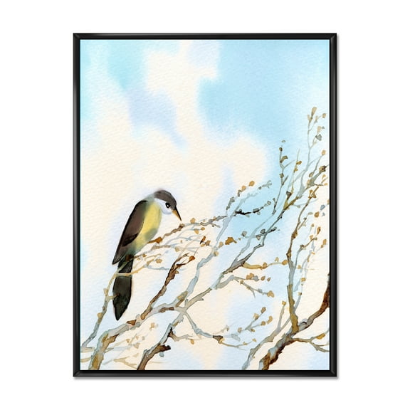 Designart 'Bird Sitting On Old Bare Tree With Blue Cloudy Sky' Traditional Framed Canvas Wall Art Print