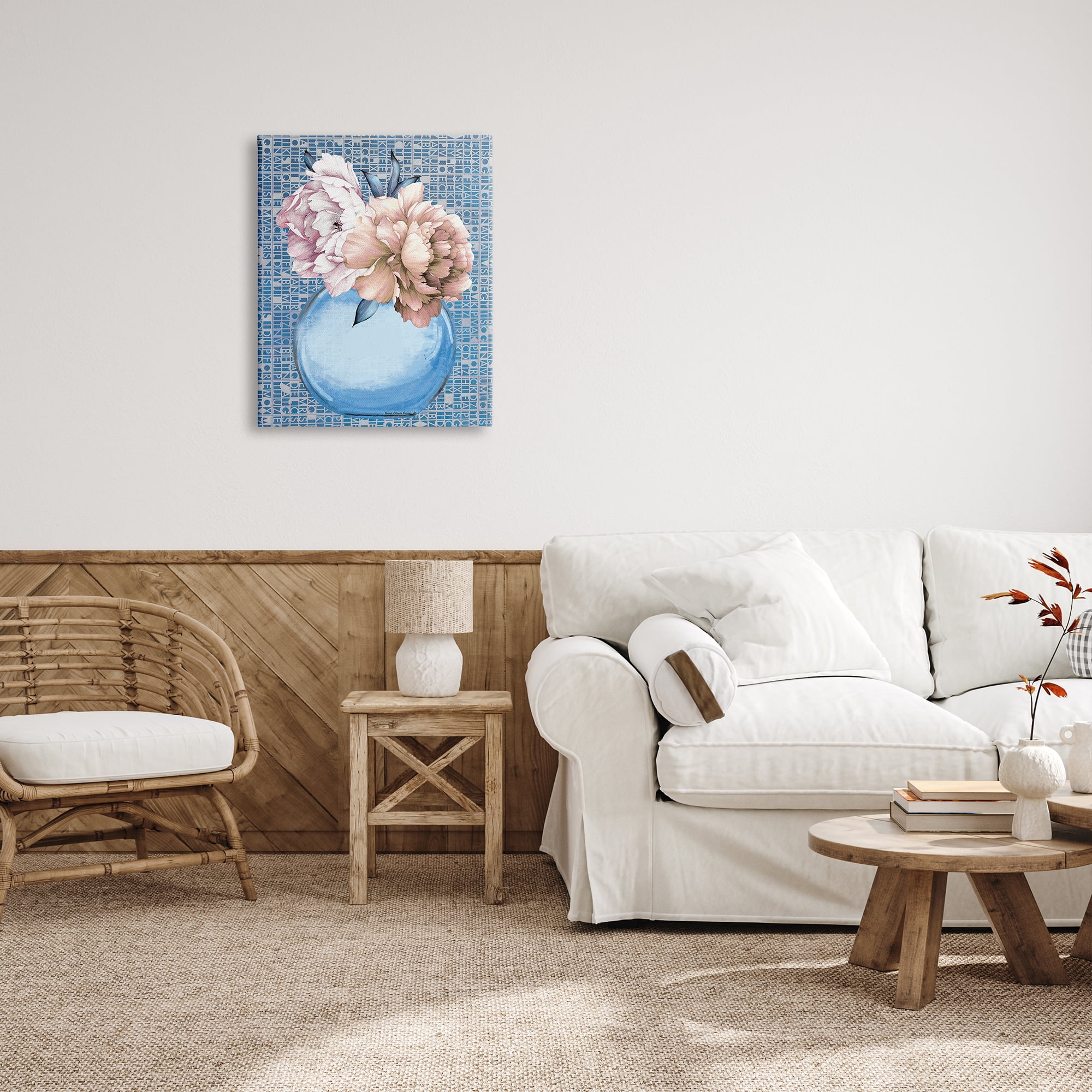 Stupell Industries Peonies on Typography Pattern Botanical & Floral Painting Gallery Wrapped Canvas Print Wall Art, 24 x 30