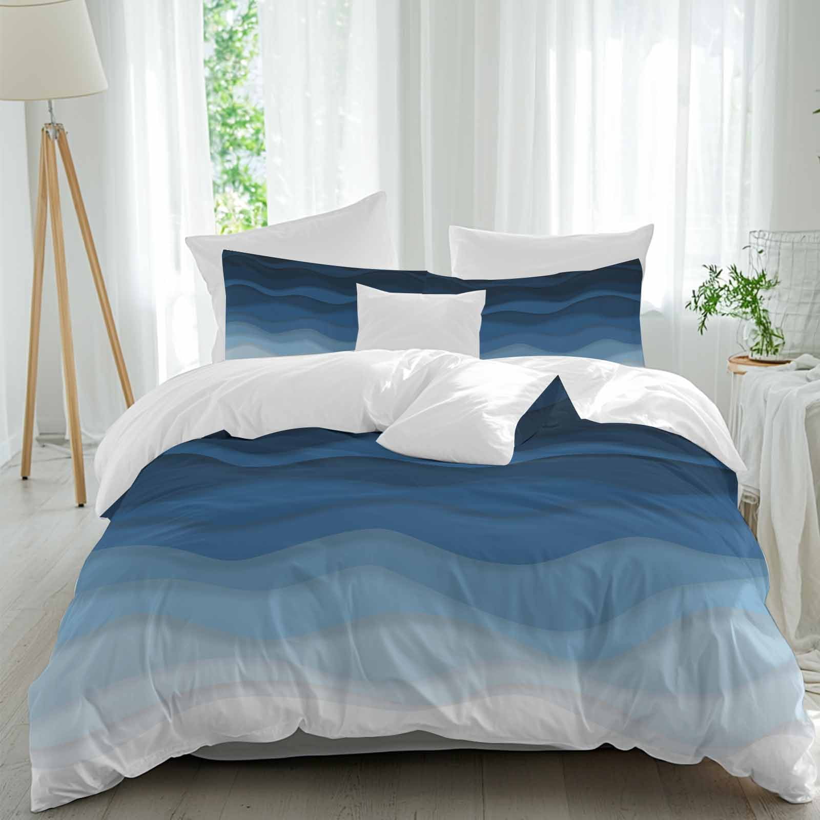 Navy Blue Ombre Bedding 3 Piece Duvet Cover Set Queen Size, Modern Moire Wave Gradient Soft Microfiber Comforter Cover with Zipper Closure & Pillowcases, Wrinkle & FadeResistant Quilt Cover