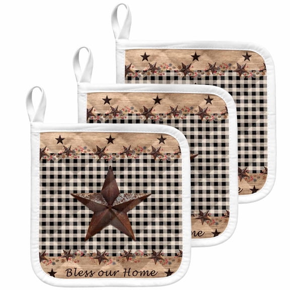 Texas Star Plaid Pot Holders for Kitchen Heatproof Potholder, 3 Pack Farmhouse Black Brown Texas Vintage Hot Pads Multipurpose Oven Pads Cloth Potholders Trivet for Cooking Baking
