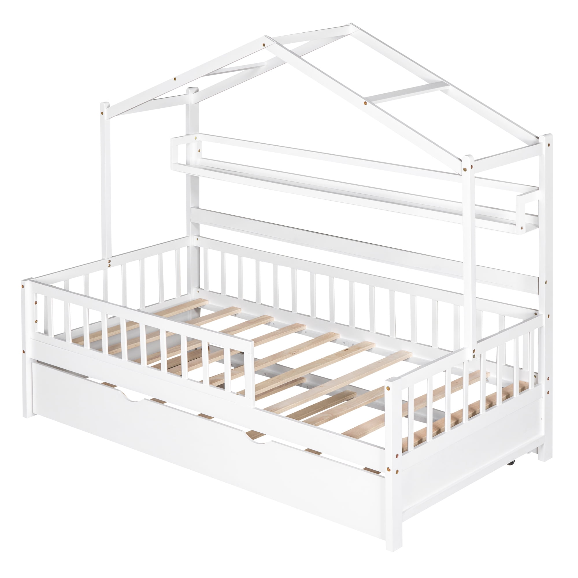 Harper & Bright Designs Twin Size House Bed with Trundle and Storage Shelves, Platform Bed with Fence Rails Wood Playhouse Tent Bed Frame for Girls Boys, White