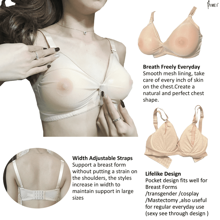 BIMEI See Through Bra Mastectomy Lingerie Bra Silicone Breast Forms  Prosthesis CD Pocket Bra Unisex Wirefree Bralette for Women 8799,Beige,36D
