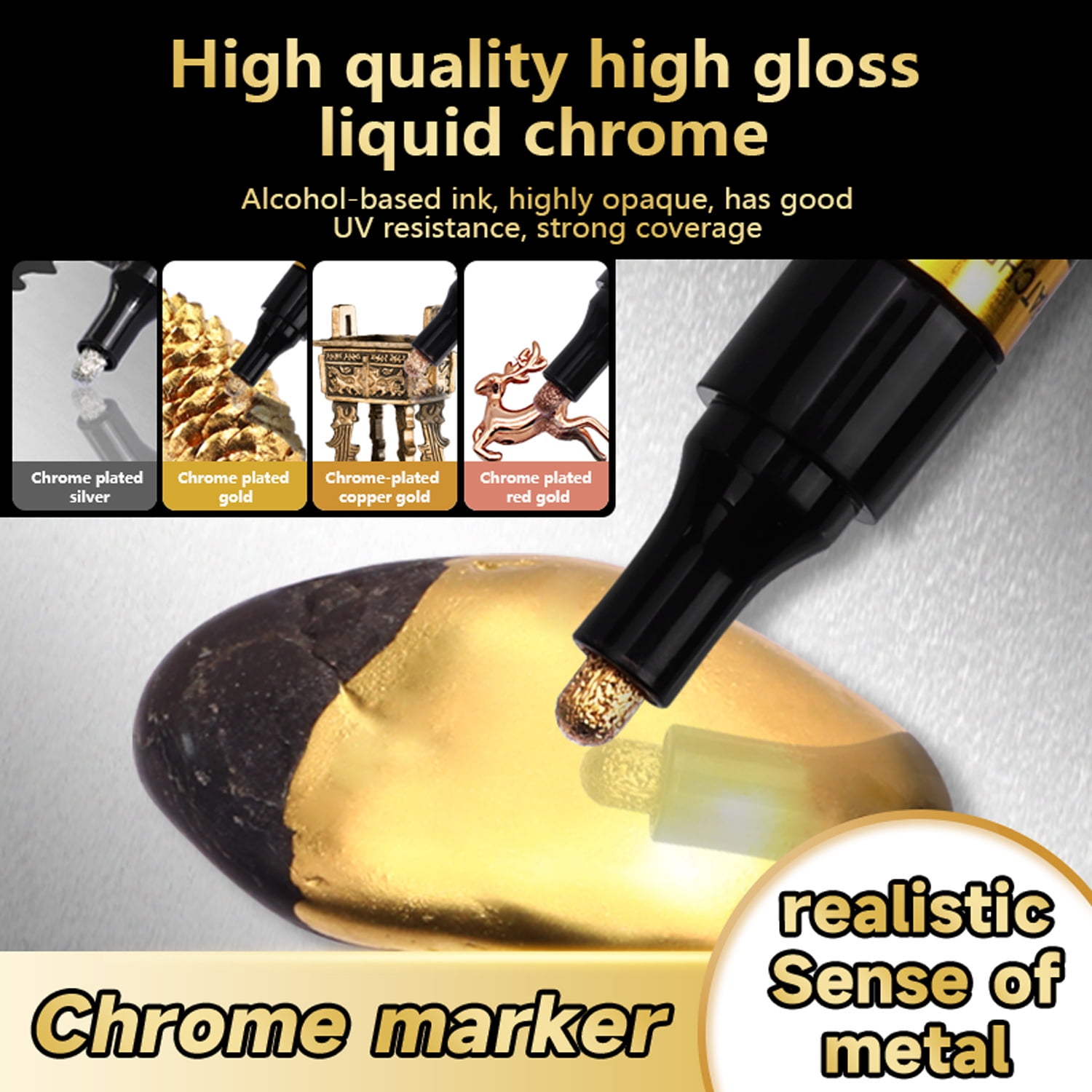 1 Set Permanent Liquid Mirror Chrome Marker,Chrome Mirror Paint Pens for Any Surface Chrome Paint Pen for Repairing, Model Painting, Marking or DIY Art Projects (0.7 |1.0 | 2.0| 3.0mm,Gold, 4Pcs)