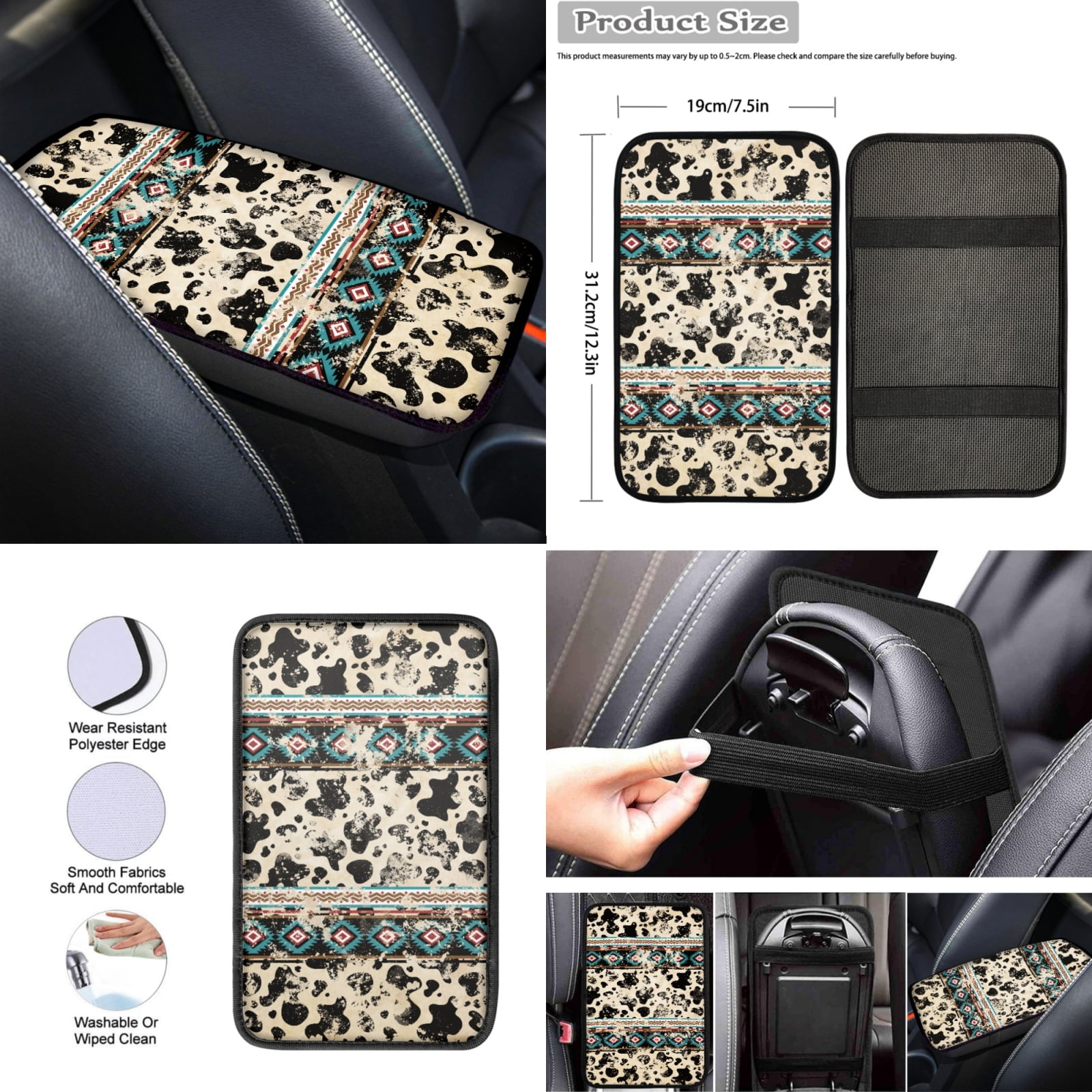 Renewold American Tribal Cow Print Retro Car Seat Covers Set for Men Women Comfy Soft Seat Protector with Steering Wheel Cover and Seat Belt Pad Armrest Pad Handbrake Cover Gear Shift Covers