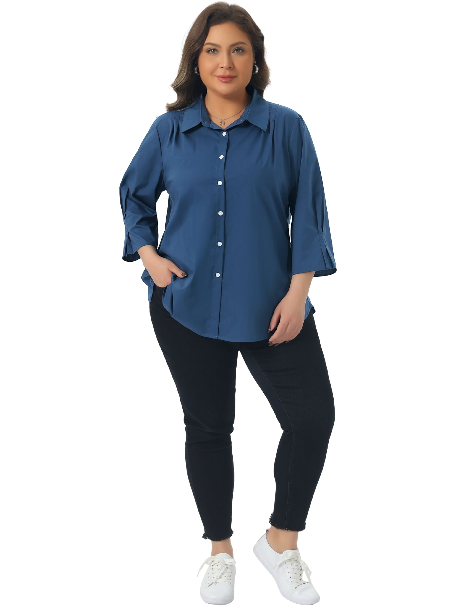 DARING DIVA Women's Plus Button Down Collar Pleated Casual Blouses 3X Dark Blue