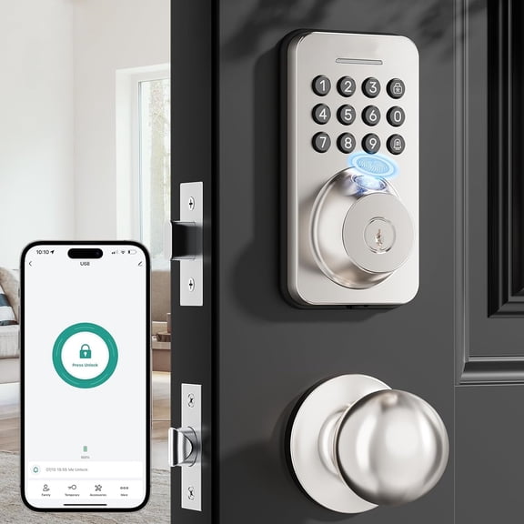 Fingerprint Keypad Deadbolt with Handle Set, Keyless Entry Door Lock, Door Locks for Front Door Lock Set, App Control, Auto Locking, Easy to Install, Satin Nickel