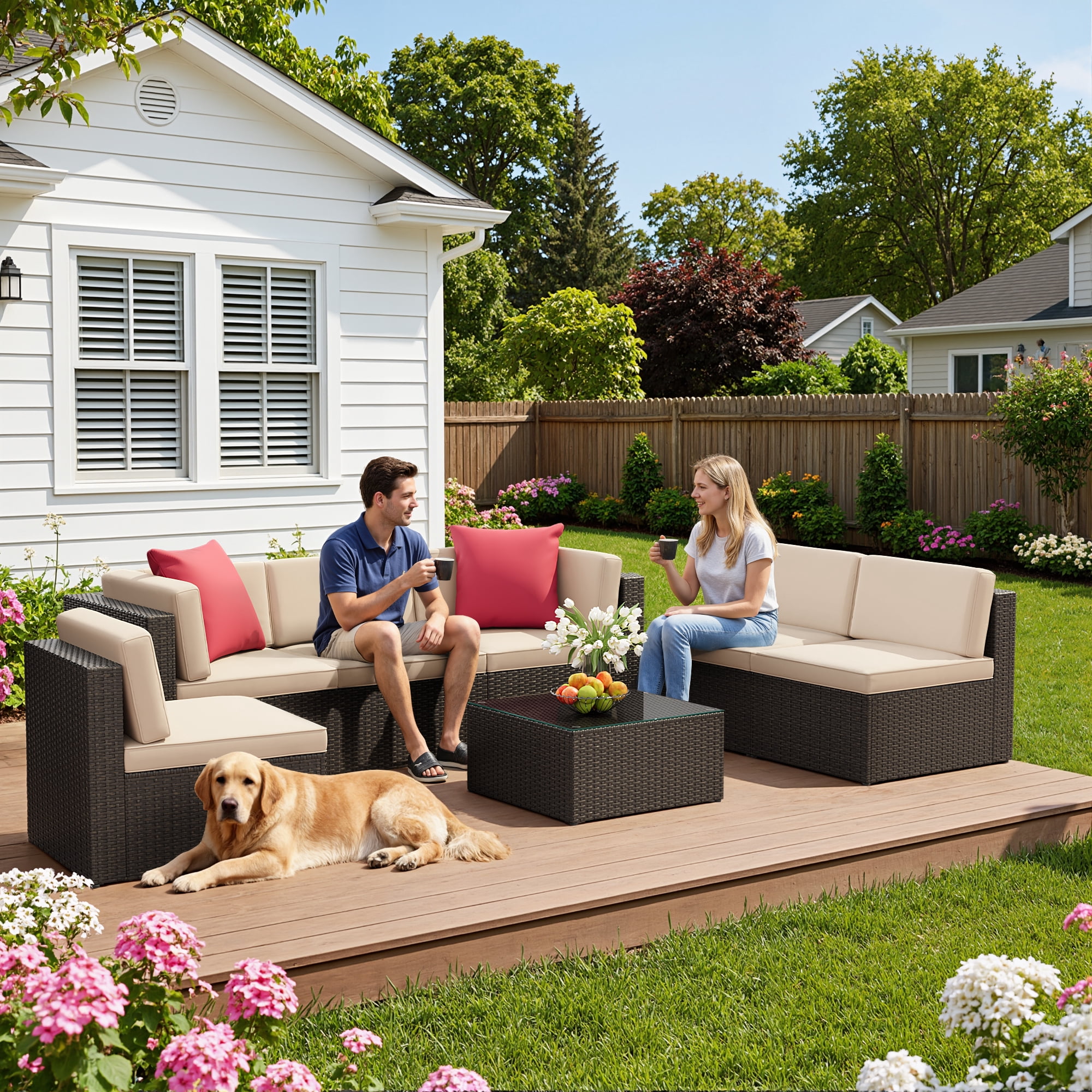 Lacoo 7 PCS Patio Outdoor Furniture Wicker Sectional Sofa with Cushion, Beige