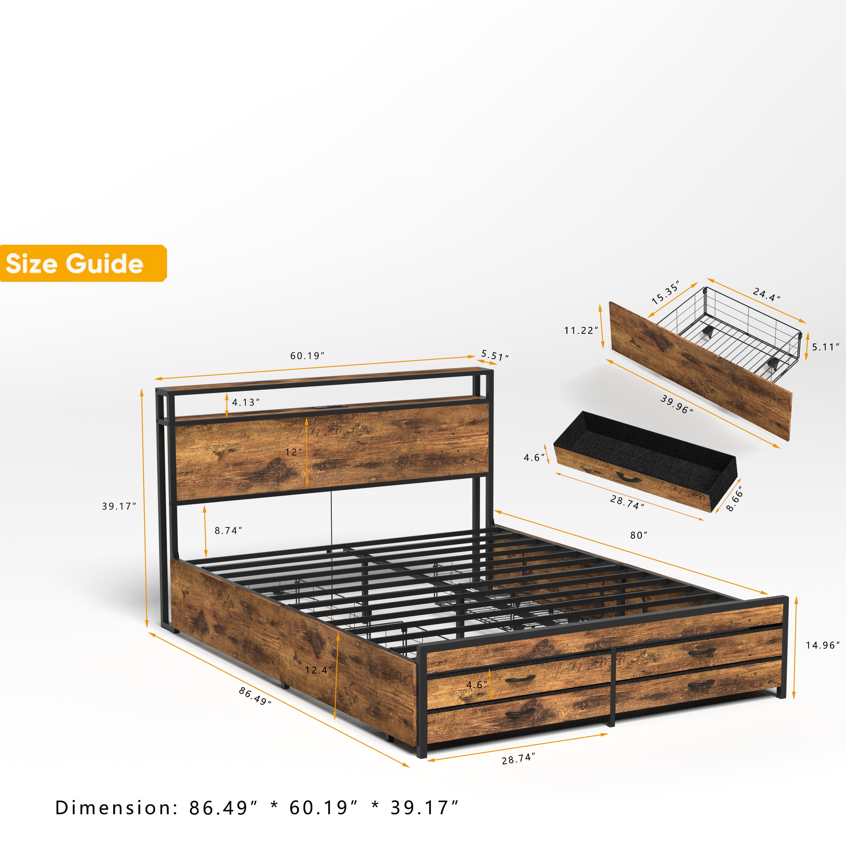 Miniyam Queen Size Bed with Storage Drawers, Charging Station for Adult, Brown