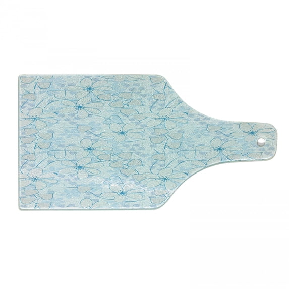 Blue Cutting Board, Abstract Flowers with Heart Shaped Leaves Romantic Fresh Beauty in Nature, Tempered Glass Cutting and Serving Board, Wine Bottle Shape, Pale Blue Aqua White, by Ambesonne