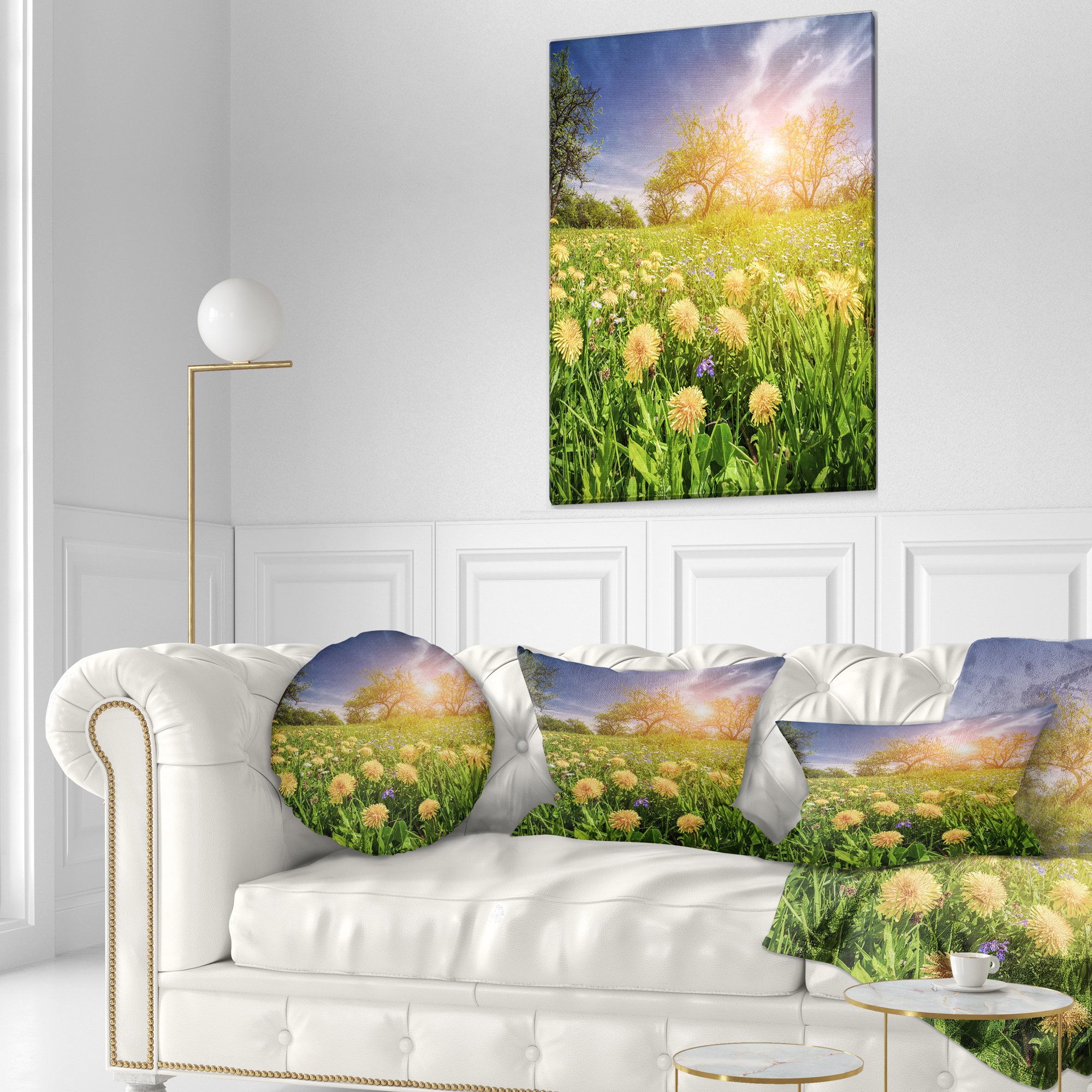 Designart Blossom Dandelions in Green Garden - Landscape Printed Throw Pillow - 12x20
