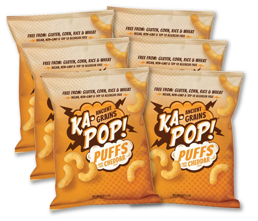 KaPop! Ancient Grain Puffs, Dairy Free Cheddar (4oz, Pack of 6) Allergen Friendly,