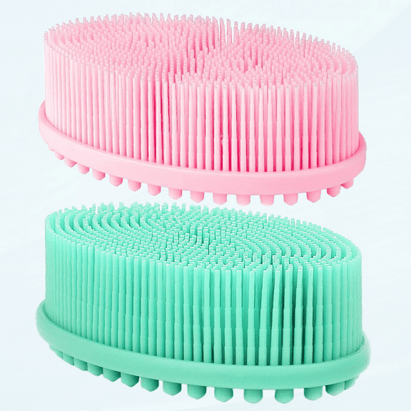 2 Pack Body Brush for Wet Dry Brushing, Silicone Body Scrubber for Gentle Exfoliating on Softer Glowing Skin, Massage with Silicone Loofah Bath Brush, Shower Brush for Women Men (Pink & Green)